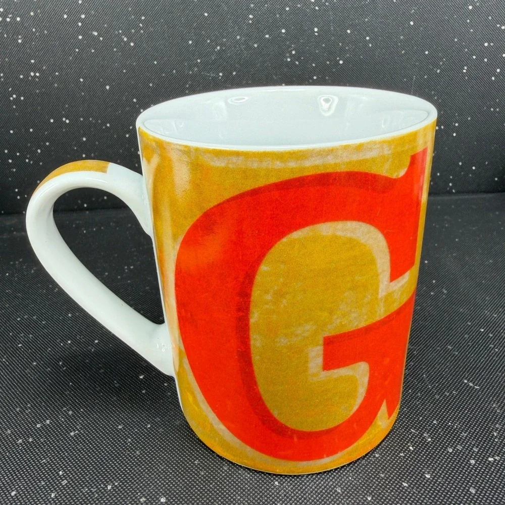 Pier 1 Porcelain Letter G Coffee Mug Red Yellow Orange Monogram Initial Cup